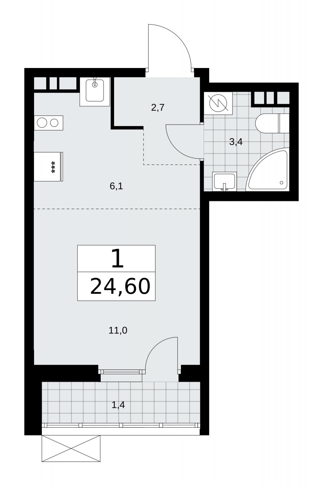 Студия с частичной отделкой, 24.6 м2, 5 этаж, сдача 4 квартал 2025 г., ЖК Бунинские кварталы, корпус 3.3 - объявление 2151970 - фото №1