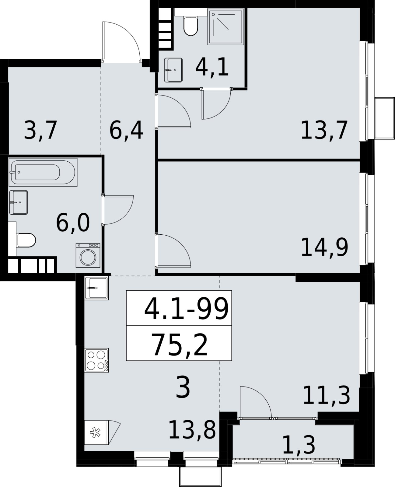3-комнатная квартира (евро) с полной отделкой, 75.2 м2, 18 этаж, сдача 2 квартал 2027 г., ЖК Южные сады, корпус 4.1.1 - объявление 2392640 - фото №1