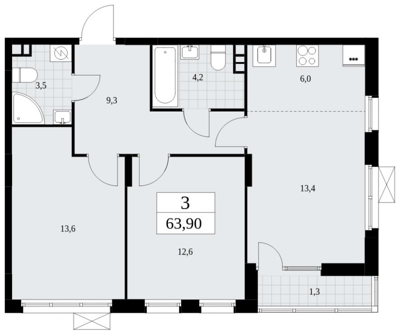 3-комнатная квартира (евро) с частичной отделкой, 63.9 м2, 3 этаж, сдача 1 квартал 2025 г., ЖК Дзен-кварталы, корпус 1.2 - объявление 1895635 - фото №1