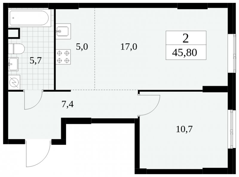 2-комнатная квартира (евро) без отделки, 45.8 м2, 2 этаж, сдача 2 квартал 2025 г., ЖК Южные сады, корпус 2.4 - объявление 1760264 - фото №1