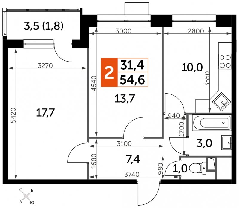 2-комнатная квартира без отделки, 54.6 м2, 8 этаж, сдача 4 квартал 2023 г., ЖК Датский квартал, корпус 2 - объявление 1887283 - фото №1