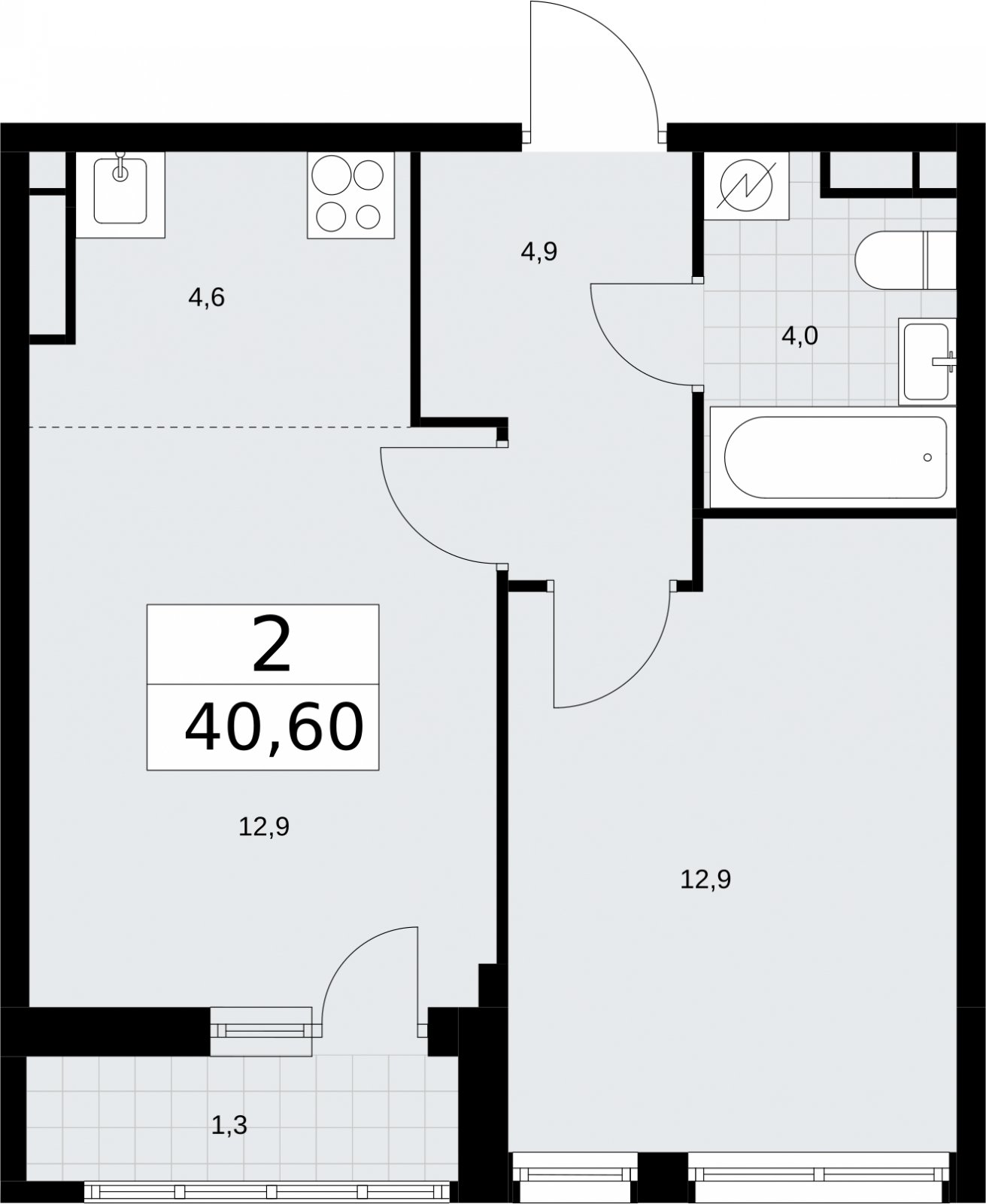 2-комнатная квартира (евро) с полной отделкой, 40.6 м2, 5 этаж, сдача 4 квартал 2026 г., ЖК Родные кварталы, корпус 1.2 - объявление 2317772 - фото №1