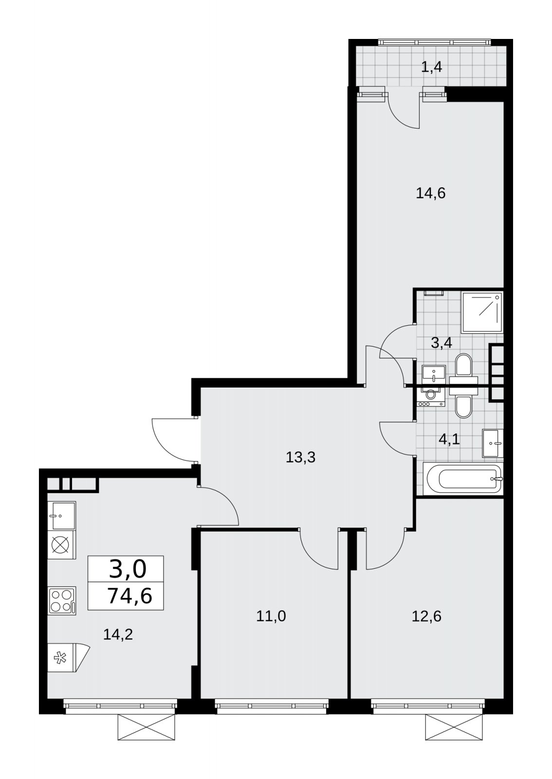 3-комнатная квартира без отделки, 74.6 м2, 5 этаж, сдача 1 квартал 2026 г., ЖК Прокшино, корпус 10.1.2 - объявление 2227002 - фото №1