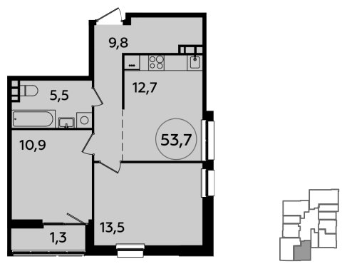 2-комнатная квартира без отделки, 53.7 м2, 14 этаж, сдача 1 квартал 2024 г., ЖК Южные сады, корпус 1.2 - объявление 1512169 - фото №1