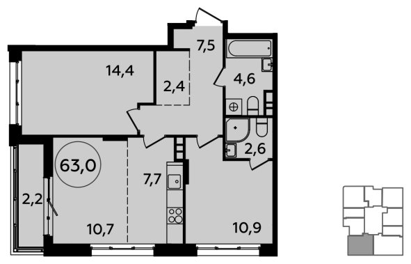 3-комнатная квартира (евро) с частичной отделкой, 63 м2, 3 этаж, сдача 1 квартал 2024 г., ЖК Скандинавия, корпус 2.23.2 - объявление 1514625 - фото №1