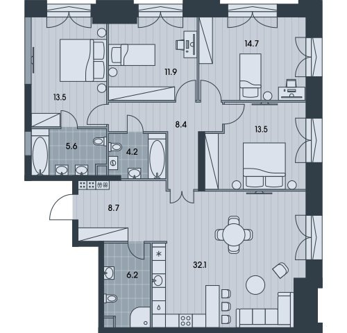 5-комнатная квартира без отделки, 118.8 м2, 4 этаж, сдача 3 квартал 2025 г., ЖК EVER, корпус 5 - объявление 2377037 - фото №1