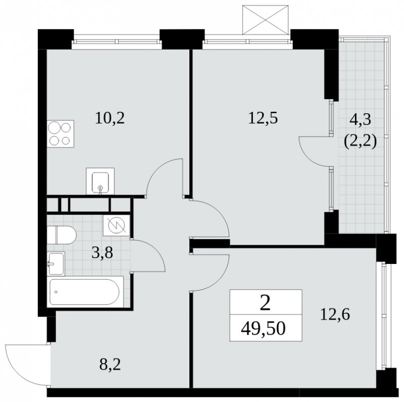 2-комнатная квартира без отделки, 49.5 м2, 11 этаж, сдача 4 квартал 2024 г., ЖК Скандинавия, корпус 2.27.2 - объявление 1840395 - фото №1
