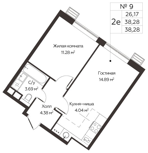 2-комнатная квартира (евро) с полной отделкой, 38.28 м2, 2 этаж, сдача 3 квартал 2024 г., ЖК МелисСад, корпус 1 - объявление 1861092 - фото №1