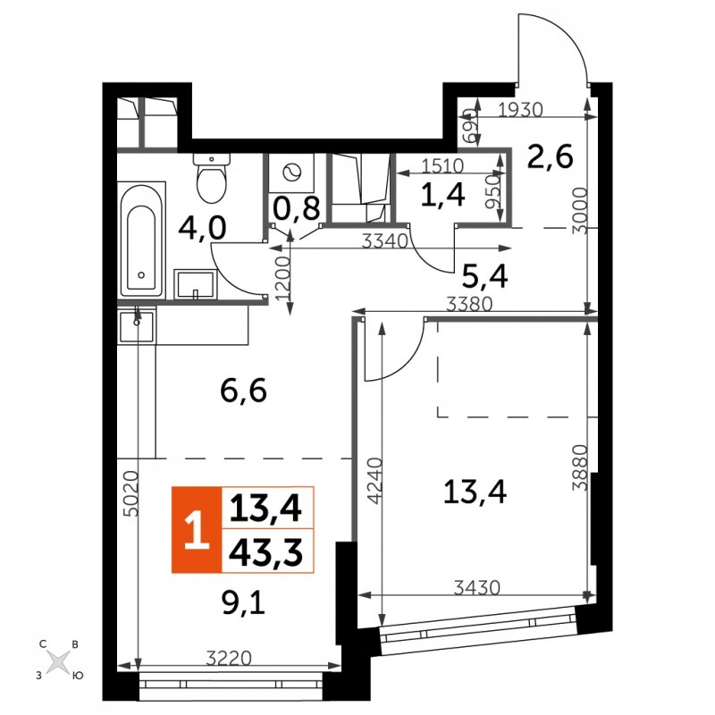 1-комнатная квартира с частичной отделкой, 43.3 м2, 28 этаж, сдача 4 квартал 2024 г., ЖК ROTTERDAM, корпус 2.3 - объявление 1849299 - фото №1