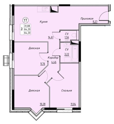 3-комнатная квартира без отделки, 64.2 м2, 11 этаж, дом сдан, ЖК Новое Лыткарино, корпус 3 - объявление 1789886 - фото №1