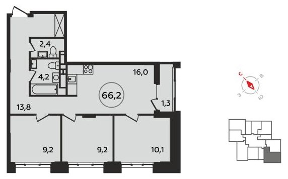 3-комнатная квартира без отделки, 66.2 м2, 9 этаж, сдача 4 квартал 2022 г., ЖК Прокшино, корпус 1.4 - объявление 1766842 - фото №1