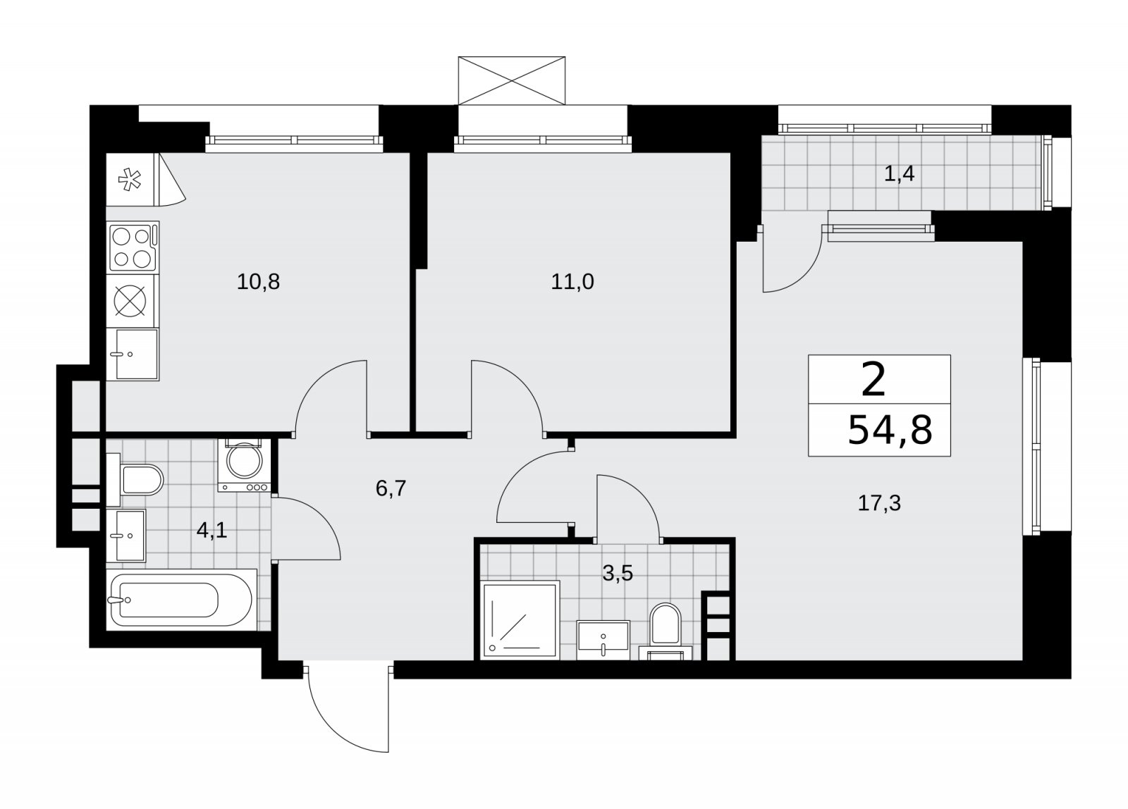 2-комнатная квартира без отделки, 54.8 м2, 5 этаж, сдача 4 квартал 2025 г., ЖК Бунинские кварталы, корпус 6.4 - объявление 2252720 - фото №1