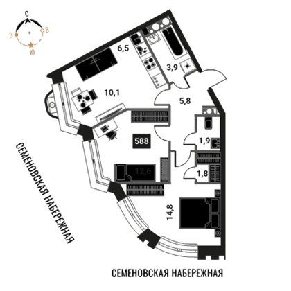 3-комнатная квартира без отделки, 57.4 м2, 5 этаж, сдача 4 квартал 2024 г., ЖК Интеллигент, корпус 3 - объявление 2414537 - фото №1