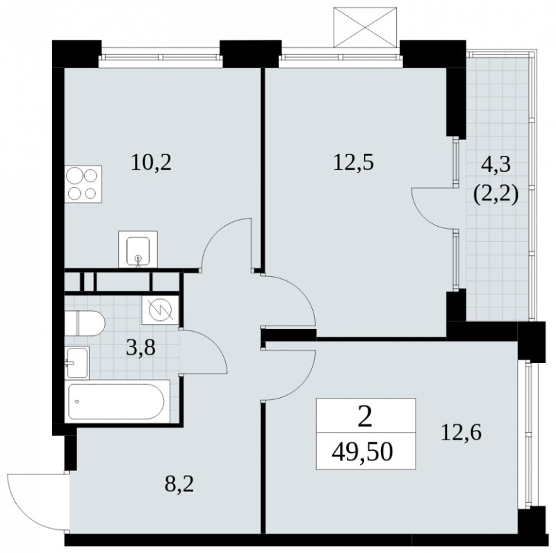 2-комнатная квартира с частичной отделкой, 49.5 м2, 12 этаж, сдача 2 квартал 2025 г., ЖК Скандинавия, корпус 2.27.1 - объявление 1840264 - фото №1