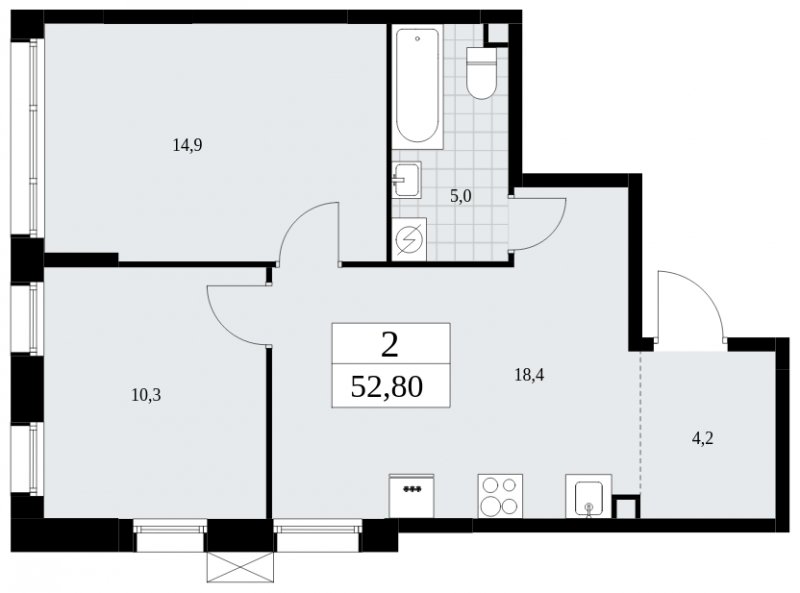 2-комнатная квартира с частичной отделкой, 52.8 м2, 2 этаж, сдача 3 квартал 2025 г., ЖК Дзен-кварталы, корпус 2.1 - объявление 1932131 - фото №1