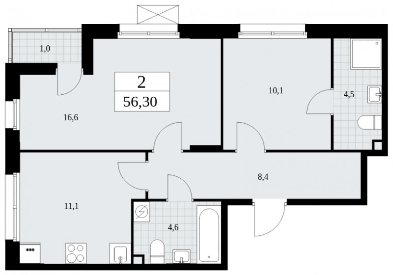2-комнатная квартира с частичной отделкой, 56.3 м2, 2 этаж, сдача 4 квартал 2024 г., ЖК Бунинские кварталы, корпус 2.1 - объявление 1882300 - фото №1