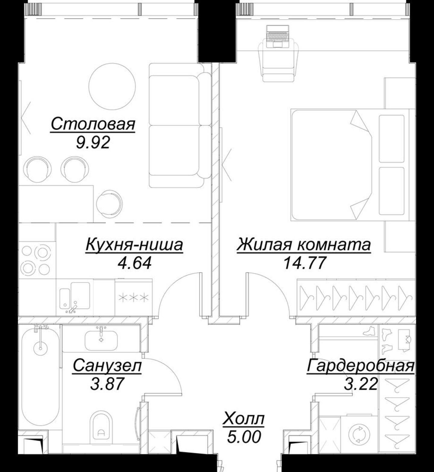 1-комнатная квартира с частичной отделкой, 41.99 м2, 4 этаж, сдача 4 квартал 2024 г., ЖК MOD, корпус Dreiser - объявление 2212920 - фото №1