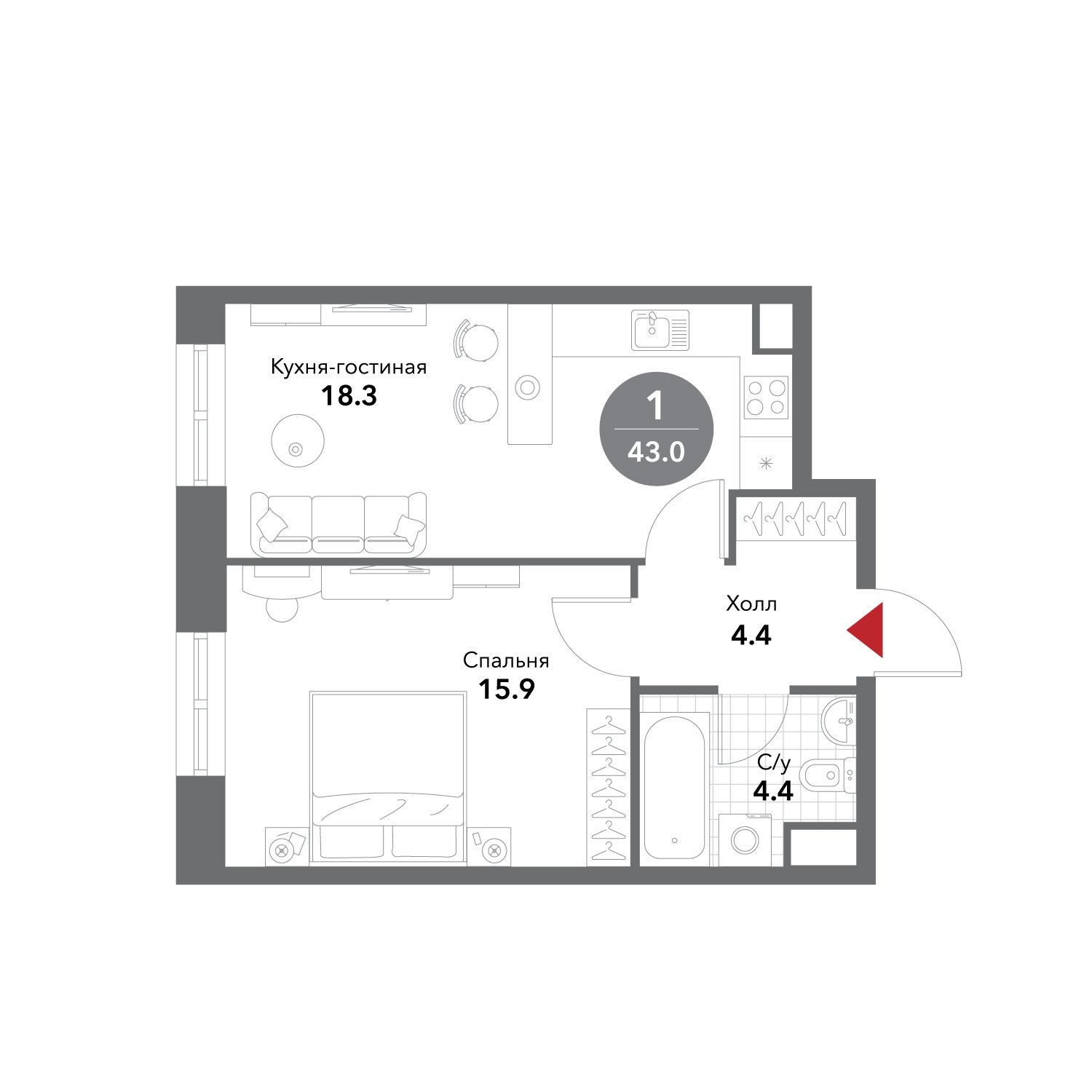 1-комнатные апартаменты без отделки, 43 м2, 12 этаж, сдача 3 квартал 2025 г., ЖК VOXHALL, корпус 4 - объявление 1981067 - фото №1