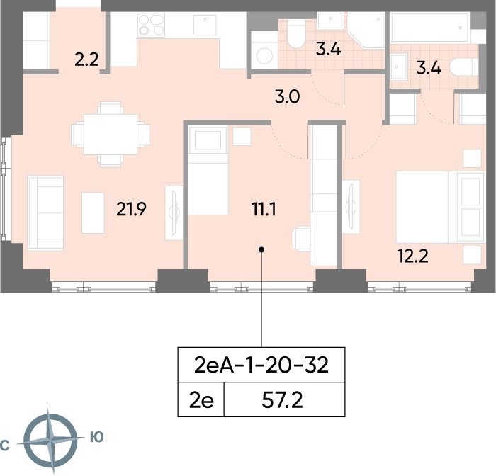 2-комнатная квартира 57.2 м2, 30 этаж, сдача 2 квартал 2026 г., ЖК WAVE, корпус 1 - объявление 2185858 - фото №1