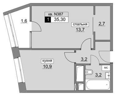 1-комнатная квартира без отделки, 35.3 м2, 13 этаж, сдача 4 квартал 2022 г., ЖК Румянцево-Парк, корпус 3 - объявление 1186782 - фото №1