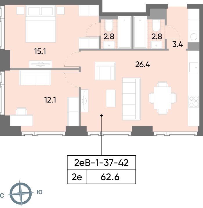 2-комнатная квартира 62.6 м2, 42 этаж, сдача 2 квартал 2026 г., ЖК WAVE, корпус 1 - объявление 2185890 - фото №1