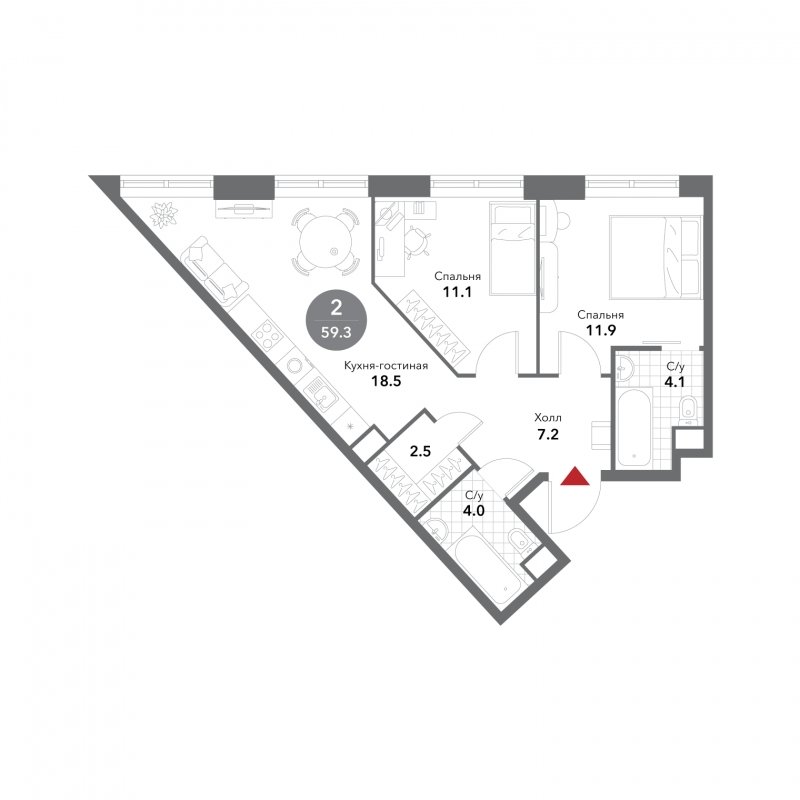2-комнатная квартира без отделки, 59.3 м2, 2 этаж, сдача 3 квартал 2025 г., ЖК VOXHALL, корпус 2 - объявление 1804628 - фото №1