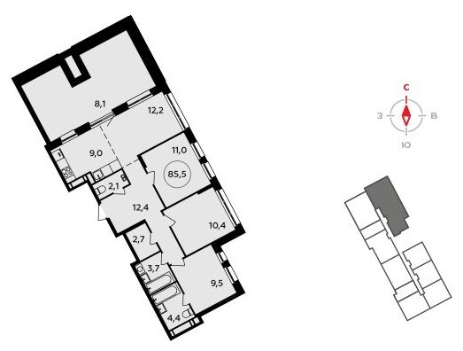 4-комнатная квартира (евро) без отделки, 85.5 м2, 17 этаж, сдача 3 квартал 2023 г., ЖК Прокшино, корпус 4.3 - объявление 1650439 - фото №1