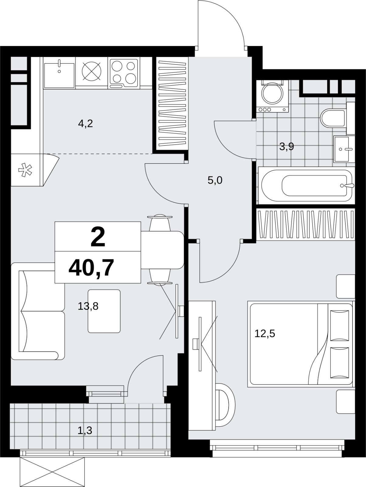 2-комнатная квартира (евро) без отделки, 40.7 м2, 11 этаж, сдача 4 квартал 2026 г., ЖК Скандинавия, корпус 2.18.2.4 - объявление 2351569 - фото №1