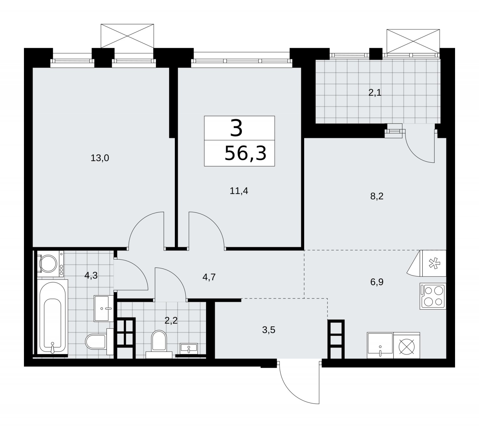 3-комнатная квартира (евро) без отделки, 56.3 м2, 4 этаж, сдача 2 квартал 2026 г., ЖК Скандинавия, корпус 25.6 - объявление 2284253 - фото №1