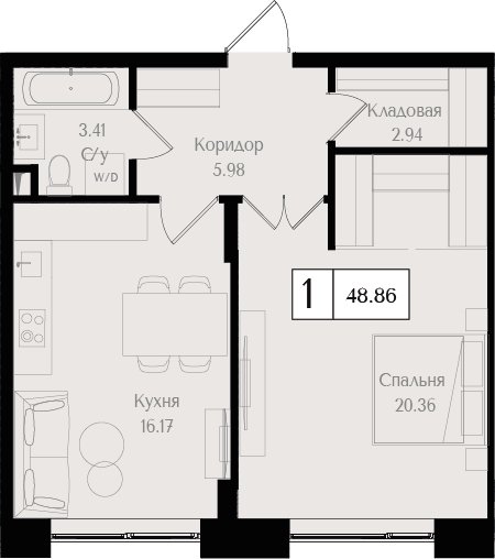 1-комнатная квартира без отделки, 48.86 м2, 2 этаж, сдача 3 квартал 2025 г., ЖК Преображенская площадь, корпус 3 - объявление 2287640 - фото №1