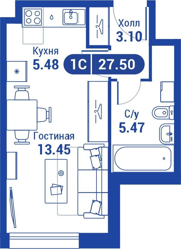 1-комнатная квартира без отделки, 26.9 м2, 22 этаж, сдача 4 квартал 2023 г., ЖК iLove, корпус 3 - объявление 2047315 - фото №1