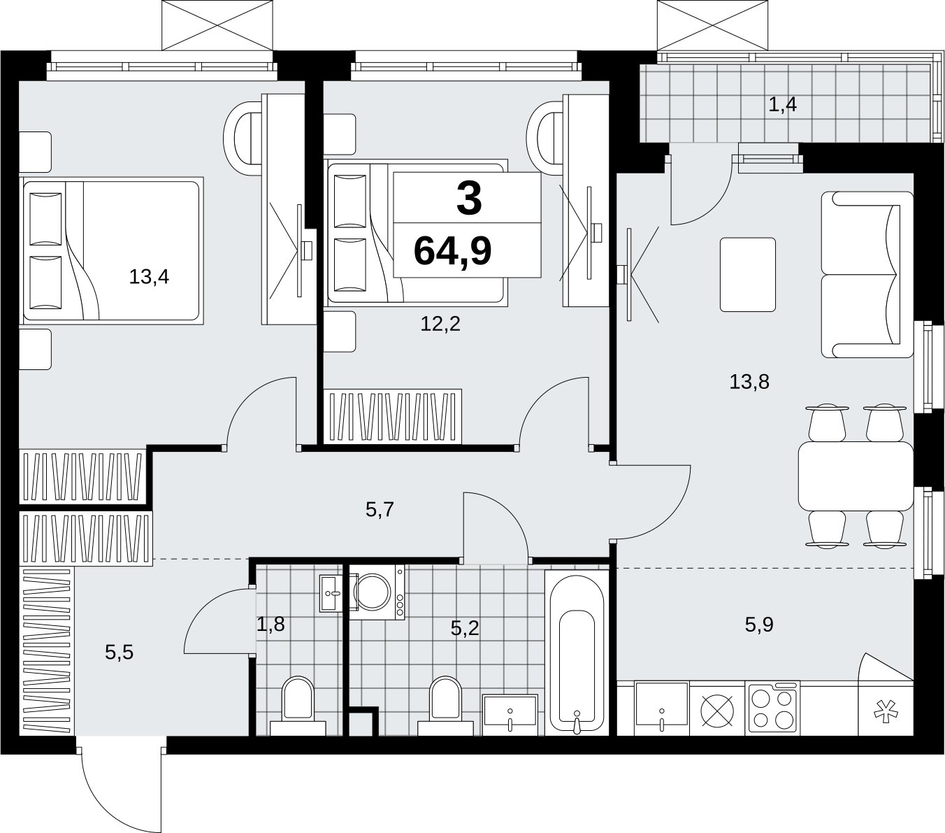 3-комнатная квартира (евро) с полной отделкой, 64.9 м2, 2 этаж, сдача 1 квартал 2027 г., ЖК Скандинавия, корпус 2.18.2.1 - объявление 2351109 - фото №1