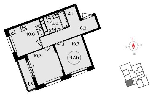 2-комнатная квартира без отделки, 47.6 м2, 12 этаж, сдача 1 квартал 2023 г., ЖК Испанские кварталы, корпус 7.3 - объявление 1410481 - фото №1