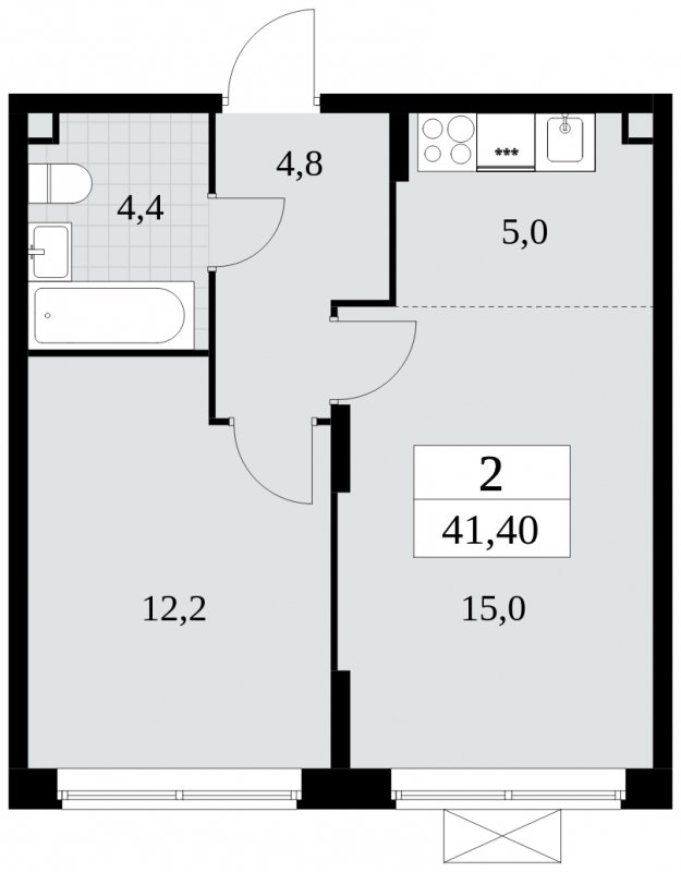 2-комнатная квартира (евро) без отделки, 41.4 м2, 2 этаж, сдача 2 квартал 2024 г., ЖК Прокшино, корпус 6.2 - объявление 1662799 - фото №1