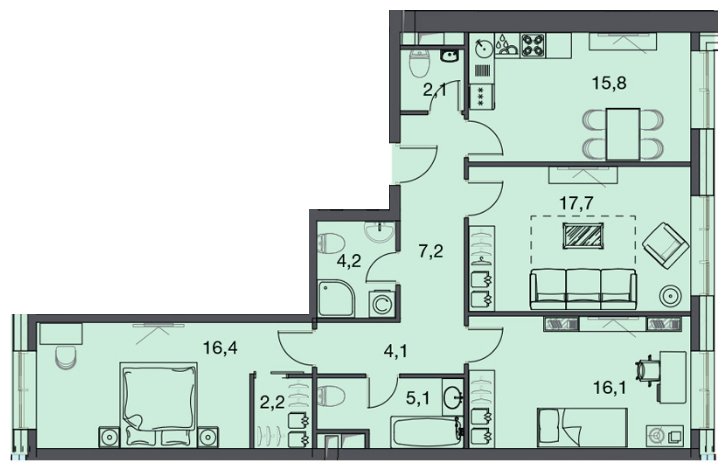 3-комнатная квартира с частичной отделкой, 124.2 м2, 32 этаж, дом сдан, ЖК Фили Сити, корпус 3 - объявление 1526570 - фото №1