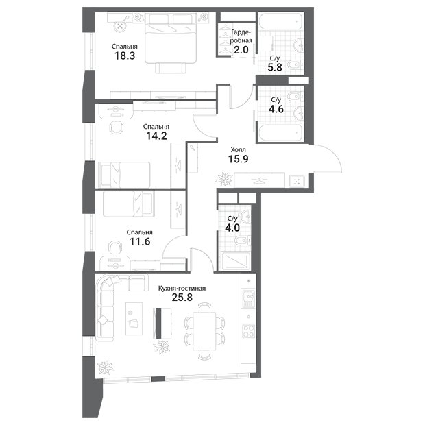 3-комнатная квартира без отделки, 102.2 м2, 15 этаж, дом сдан, ЖК Nagatino i-Land, корпус А1 - объявление 1785271 - фото №1