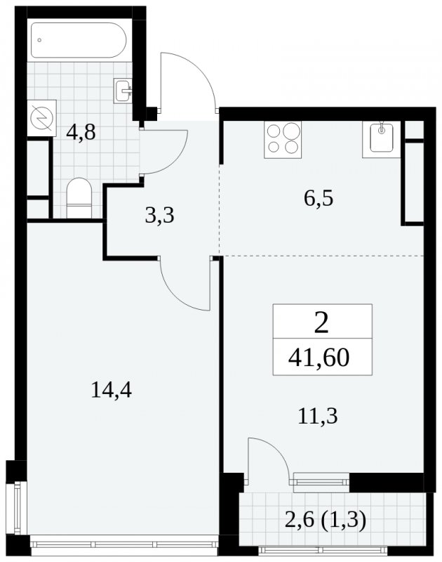 2-комнатная квартира (евро) с частичной отделкой, 41.6 м2, 4 этаж, сдача 2 квартал 2025 г., ЖК Южные сады, корпус 2.1 - объявление 1759878 - фото №1