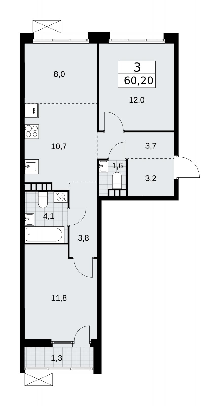 3-комнатная квартира (евро) с частичной отделкой, 60.2 м2, 5 этаж, сдача 4 квартал 2025 г., ЖК Бунинские кварталы, корпус 3.3 - объявление 2152012 - фото №1