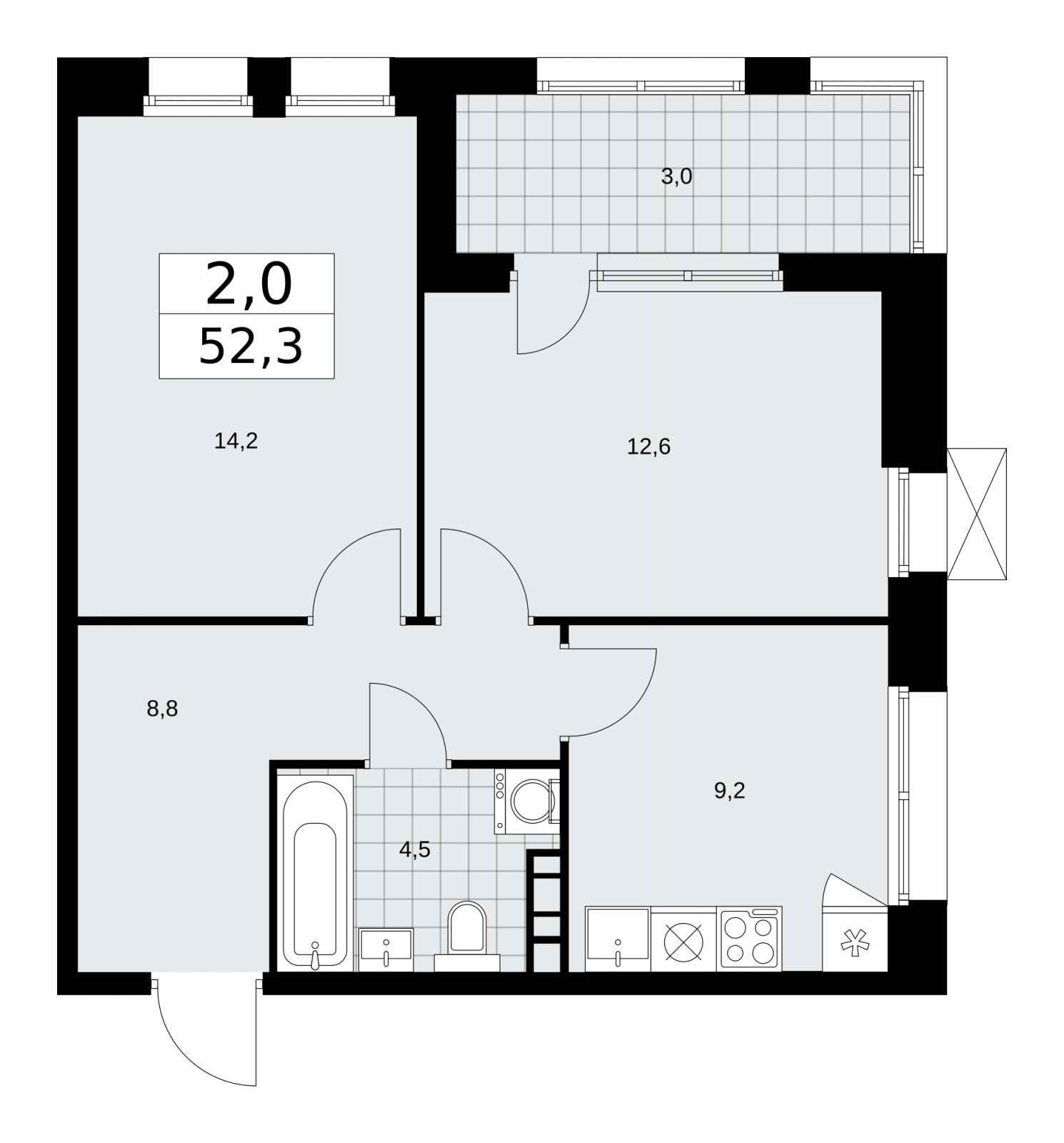 2-комнатная квартира с частичной отделкой, 52.3 м2, 7 этаж, сдача 1 квартал 2026 г., ЖК Бунинские кварталы, корпус 6.1 - объявление 2252403 - фото №1