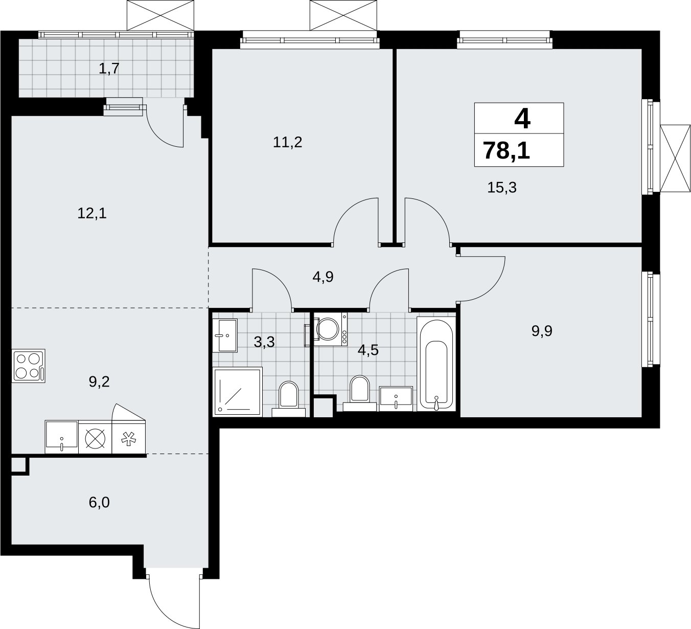 4-комнатная квартира (евро) без отделки, 78.1 м2, 2 этаж, сдача 2 квартал 2026 г., ЖК Дзен-кварталы, корпус 6.1.2 - объявление 2327214 - фото №1