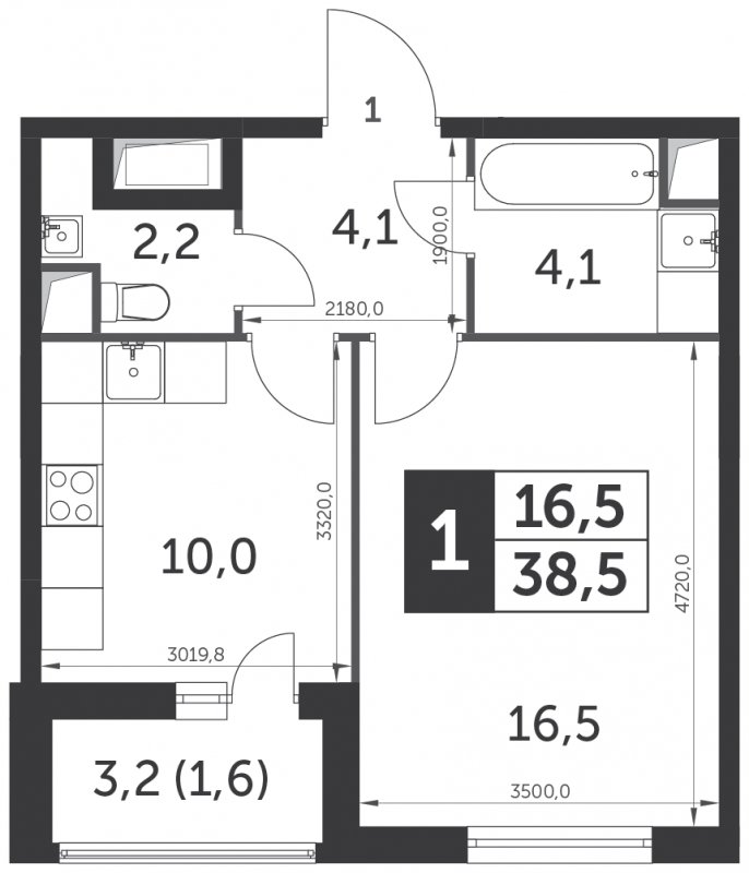 1-комнатная квартира с полной отделкой, 38.5 м2, 1 этаж, сдача 3 квартал 2023 г., ЖК UP-квартал Римский, корпус 7 - объявление 1331399 - фото №1