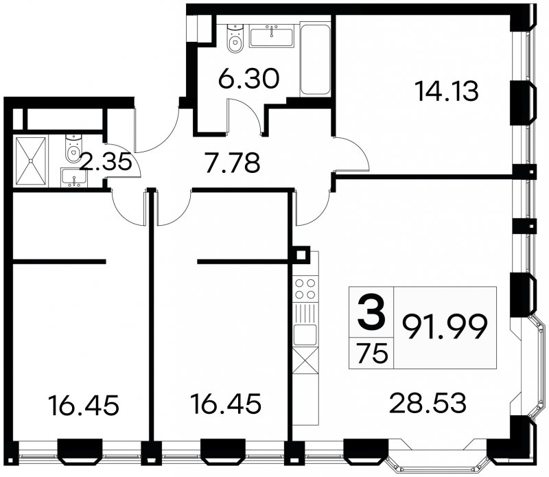 3-комнатные апартаменты с частичной отделкой, 91.99 м2, 18 этаж, дом сдан, ЖК GloraX Aura Белорусская, корпус 1 - объявление 2428578 - фото №1