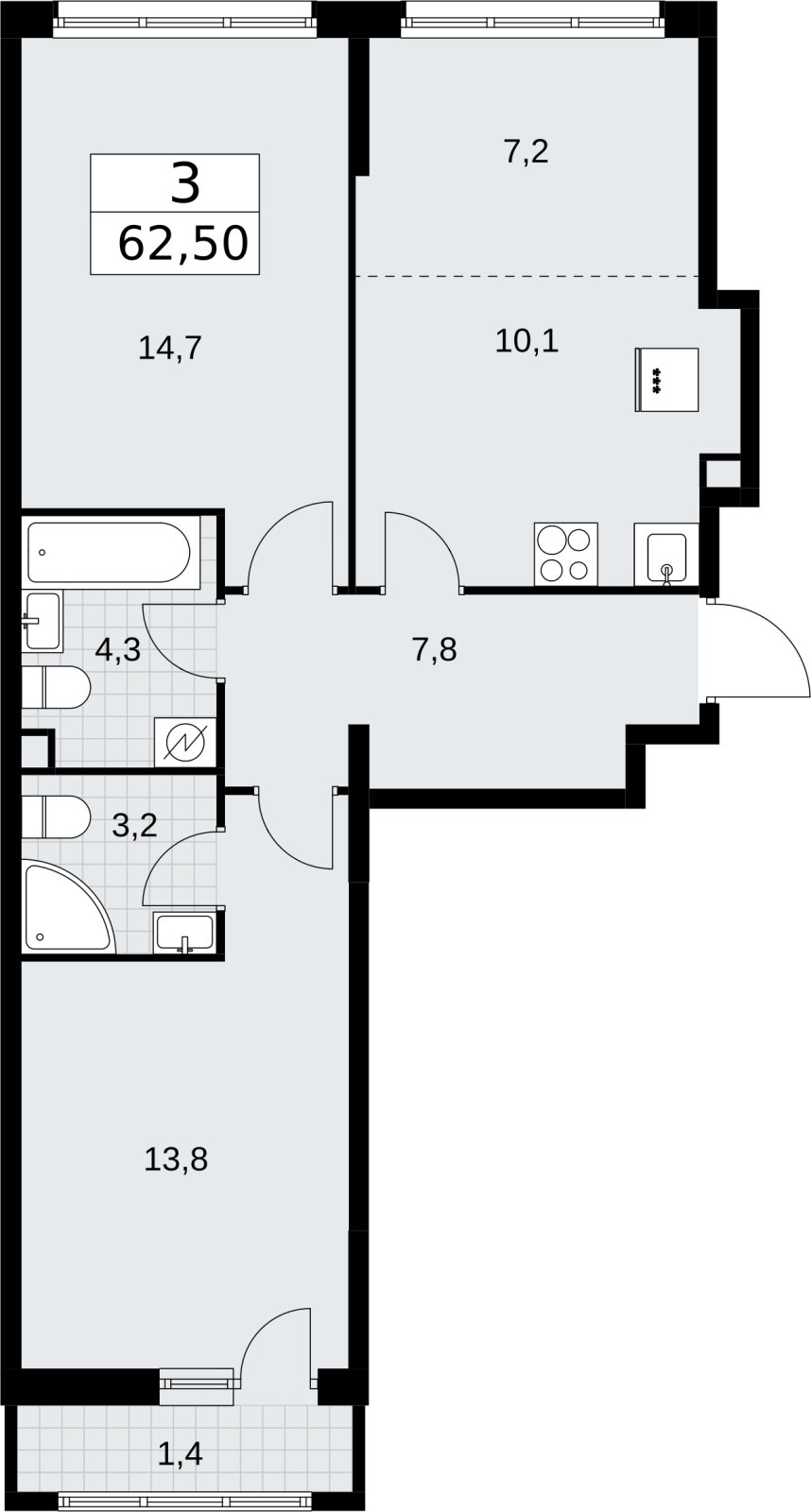 3-комнатная квартира (евро) без отделки, 62.5 м2, 2 этаж, сдача 3 квартал 2026 г., ЖК Родные кварталы, корпус 3.1 - объявление 2378179 - фото №1