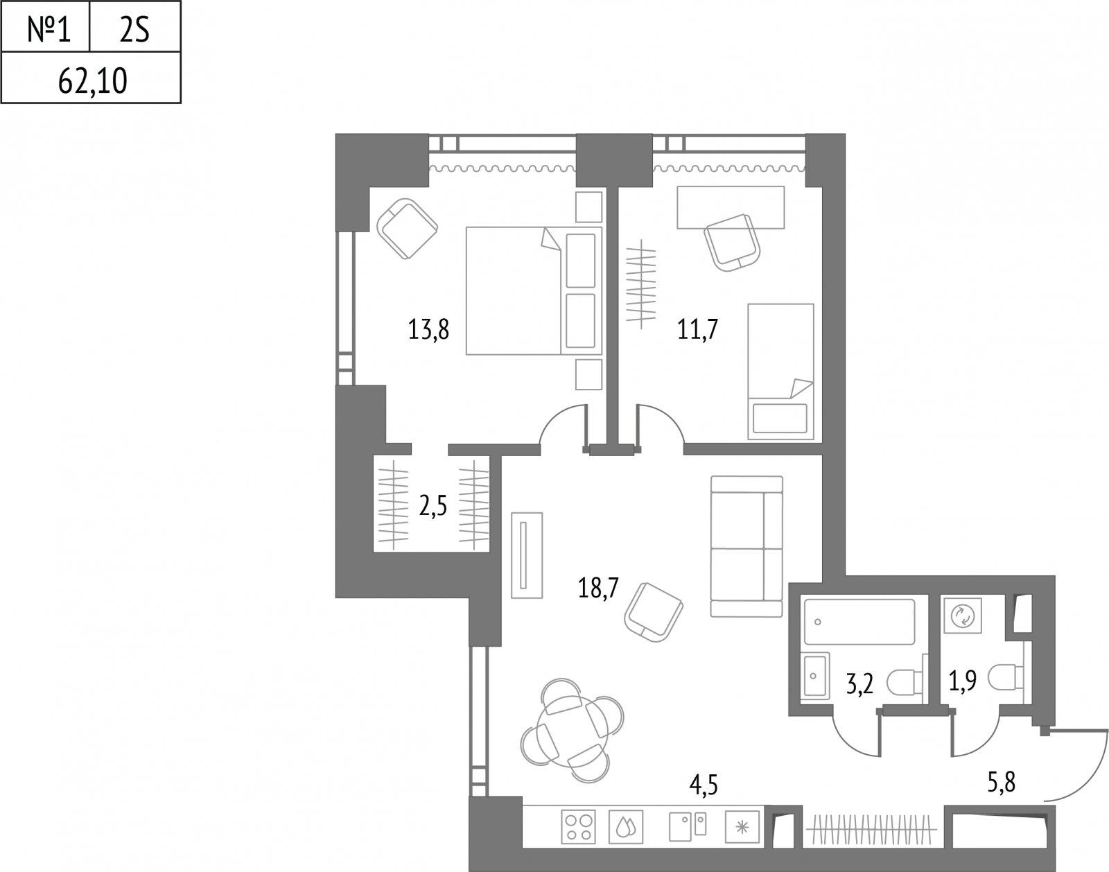 2-комнатная квартира без отделки, 61.9 м2, 13 этаж, сдача 2 квартал 2026 г., ЖК Upside Towers, корпус 1 - объявление 2057050 - фото №1