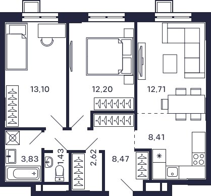 2-комнатная квартира без отделки, 62.77 м2, 14 этаж, сдача 2 квартал 2025 г., ЖК Квартал Тетрис, корпус "Квартал Тетрис 2.2" - объявление 2350361 - фото №1