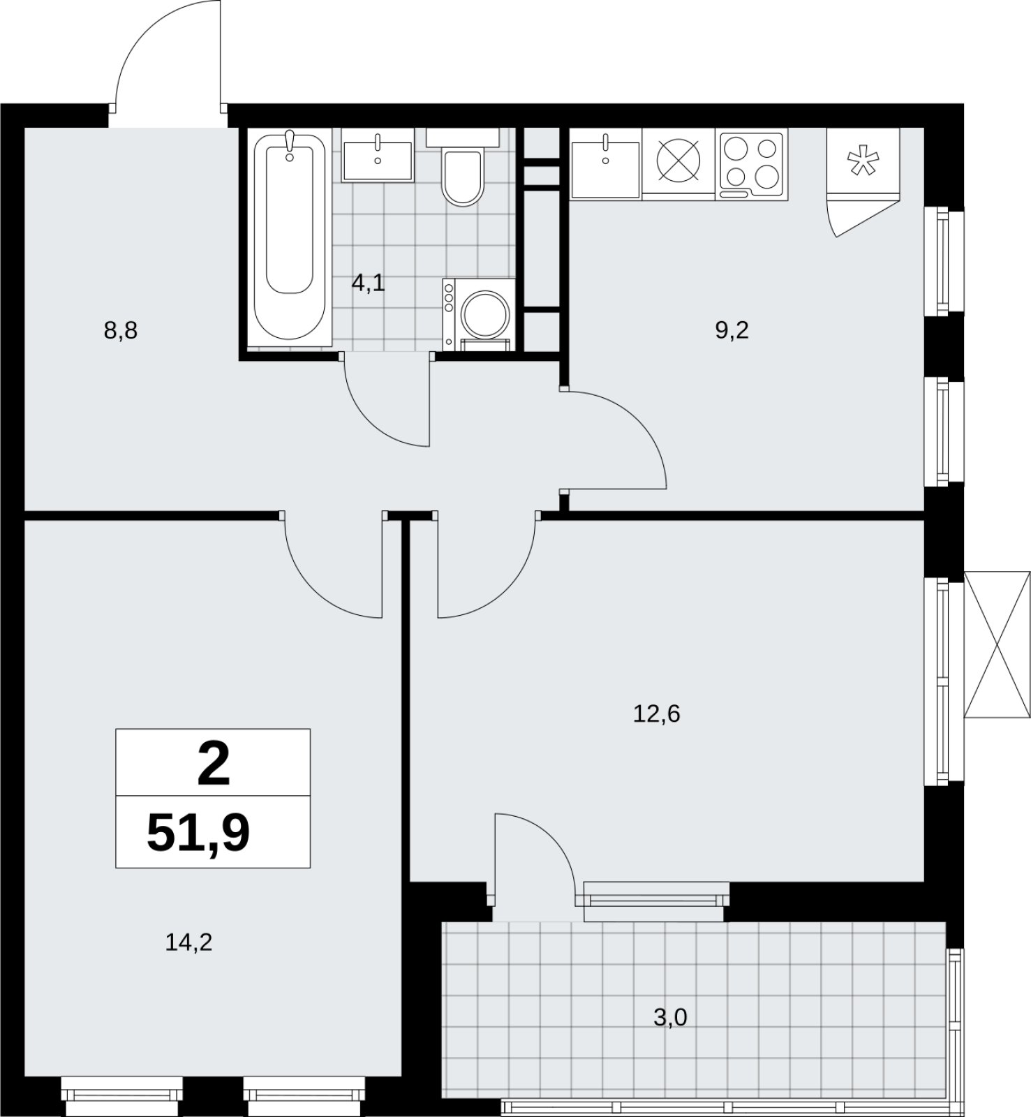 2-комнатная квартира без отделки, 51.9 м2, 11 этаж, сдача 4 квартал 2026 г., ЖК Скандинавия, корпус 2.18.1.2 - объявление 2350703 - фото №1