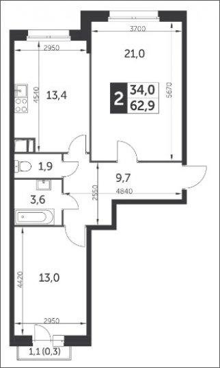 2-комнатная квартира с полной отделкой, 62.9 м2, 2 этаж, дом сдан, ЖК Настроение, корпус 2 - объявление 2382484 - фото №1