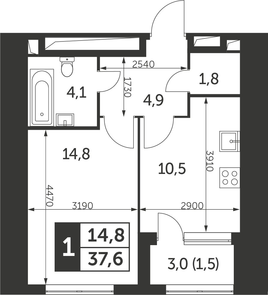1-комнатная квартира с частичной отделкой, 37.6 м2, 5 этаж, сдача 4 квартал 2023 г., ЖК Архитектор, корпус 2 - объявление 1975331 - фото №1