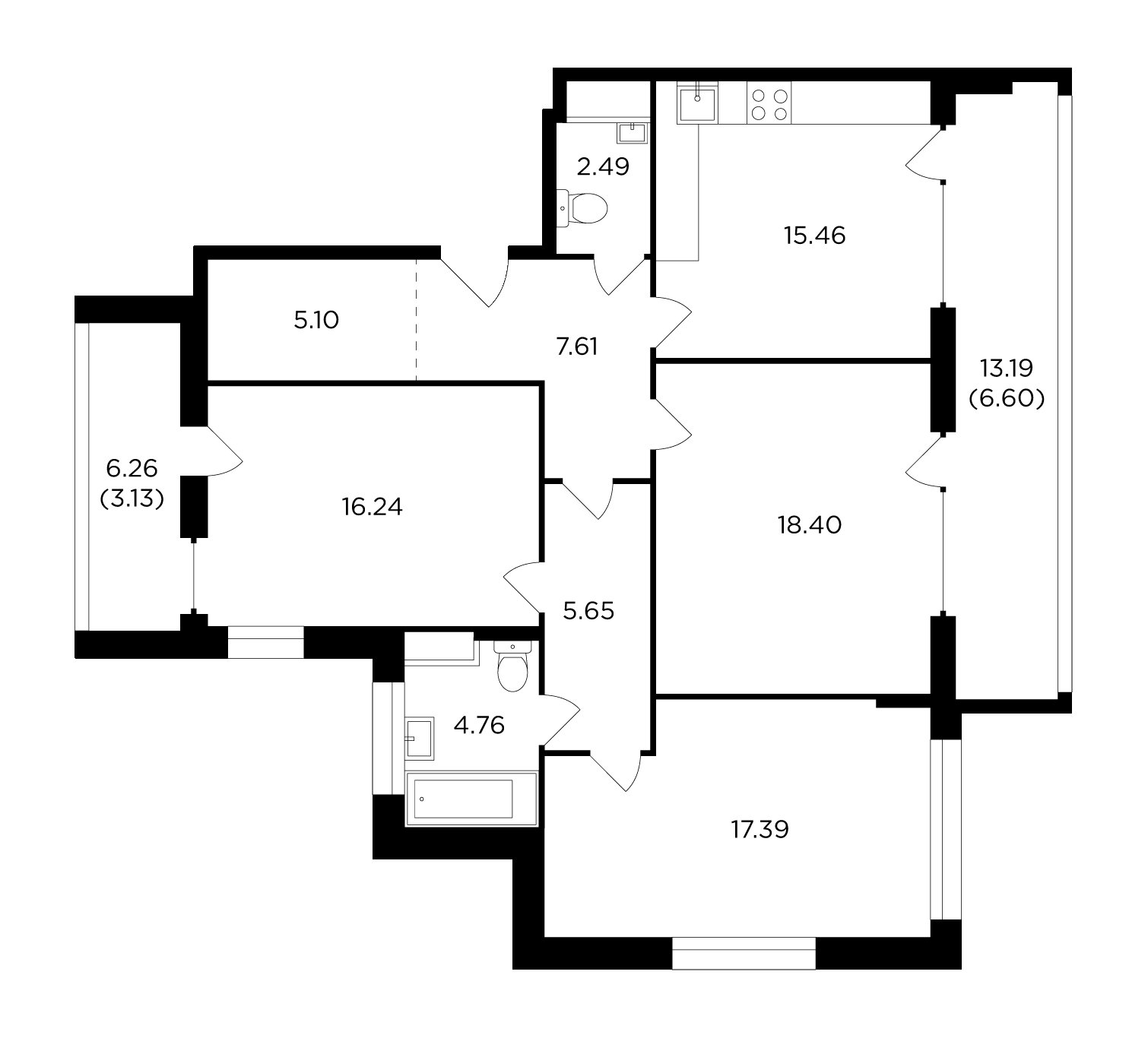 3-комнатная квартира без отделки, 102.83 м2, 6 этаж, дом сдан, ЖК RiverSky, корпус 8 - объявление 2355104 - фото №1