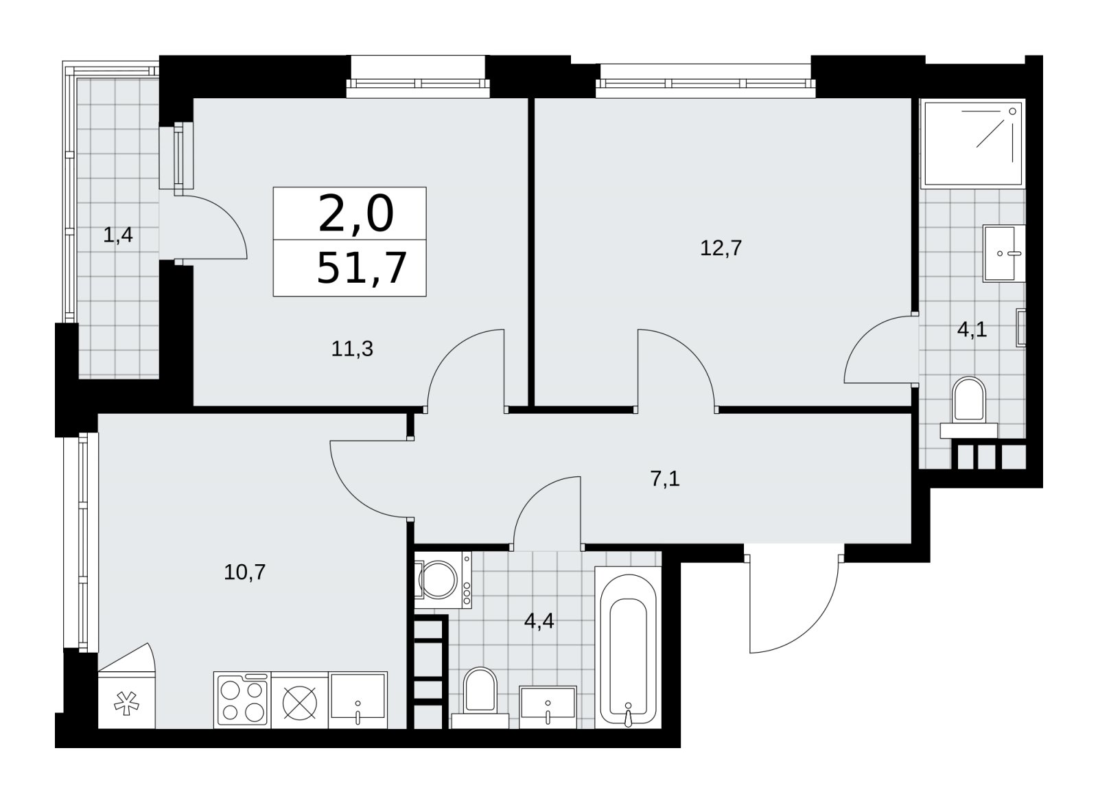 2-комнатная квартира без отделки, 51.7 м2, 5 этаж, сдача 1 квартал 2026 г., ЖК Дзен-кварталы, корпус 3.2 - объявление 2241188 - фото №1